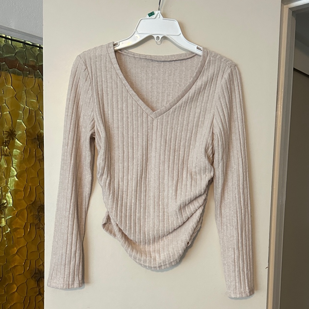 SHEIN Cream Ribbed V-Neck Blouse